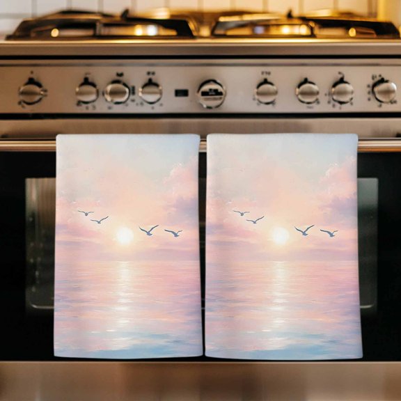 Ocean Seagull Kitchen Towels Set of 2, Pink Blue Sunset Clouds Gradient Landscape Absorbent Dish Towels for Kitchen, Microfiber Hand Towel, Quick Drying Tea Towel for Cleaning Decorative Dishcloths