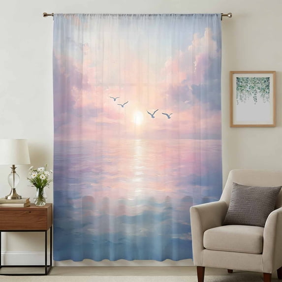 Ocean Seagull Sheer Curtains 72 Inches Long, Pink Blue Sunset Clouds Gradient Landscape Light Filering Curtains, Breathable Simi Curtain Privacy Drapes for Living Room Bedroom Window Treatment