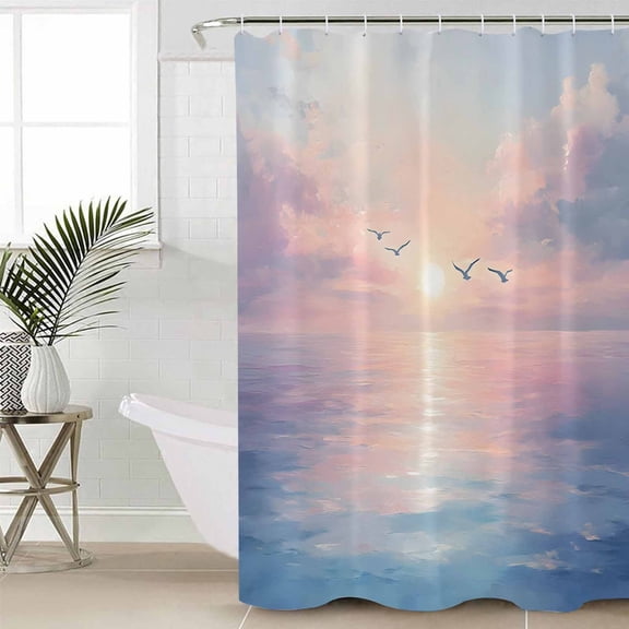 Ocean Seagull Small Stall Shower Curtain, Waterproof Shower Curtains for Bathroom, Pink Blue Sunset Clouds Gradient Landscape Washable Fabric Cloth Bath Curtain for Bathtub with Hooks 36x78 Inches