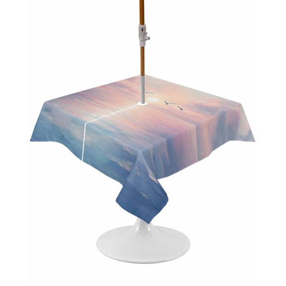 Ocean Seagull Square Outdoor Tablecloth, Waterproof Table Cloth Cover with Umbrella Hole and Zipper, Pink Blue Sunset Clouds Gradient Landscape Table Protector for Patio Party Picnic 54"x54"