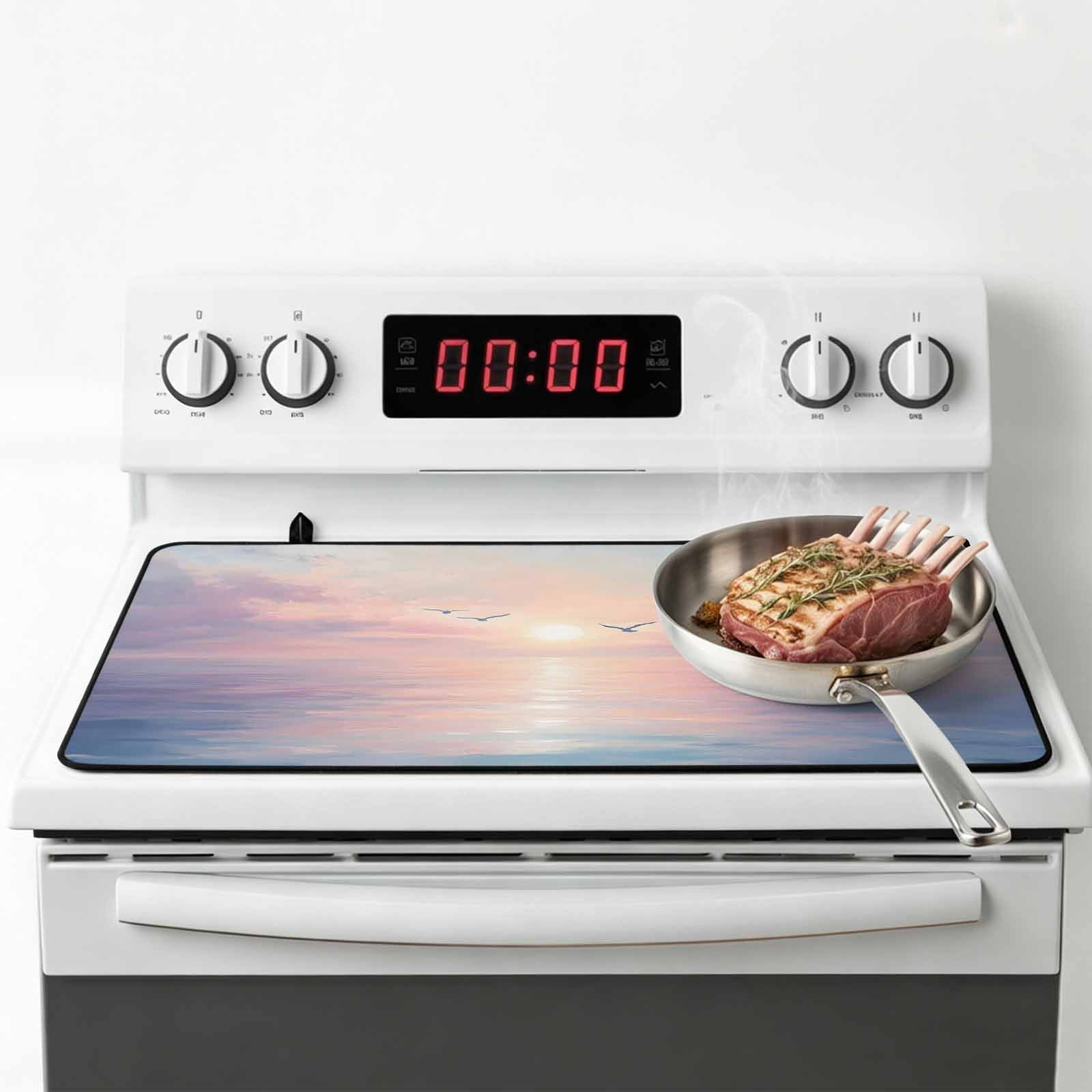 Ocean Seagull Stove Top Cover for Electric Stove, Heat-proof & Non Slip Glass Top Stove Cover Protector, Pink Blue Sunset Clouds Gradient Landscape Kitchen Flat Cooktop Rubber Mat 24x21 Inches