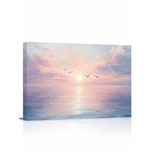 Ocean Seagull Wall Art for Living Room,Canvas Picture Wall Decor for Bathroom Bedroom,Pink Blue Sunset Clouds Gradient Landscape Painting Artwork for Office Kitchen Hallway Dining Room Decor 12"x16"
