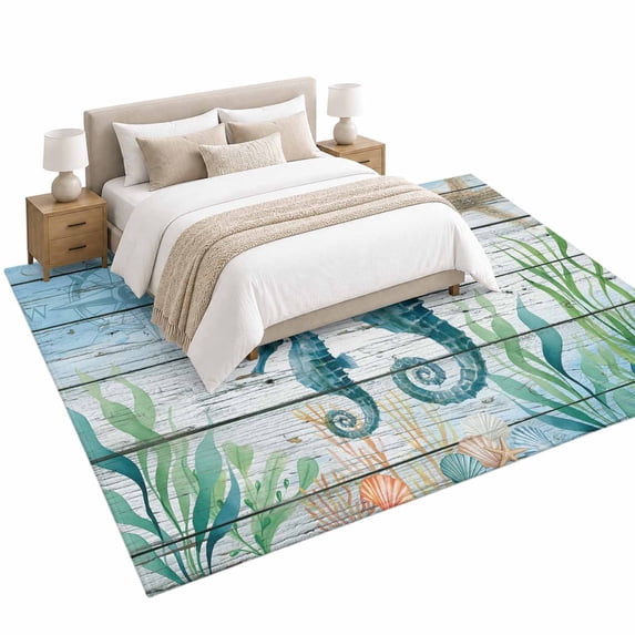 Ocean Seahorse Area Rug 5'x8', Coral Starfish Vintage Wood Texture Soft ...