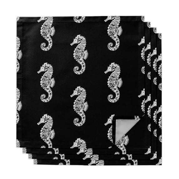 Ocean Seahorse Cloth Napkins, Summer Nautical Coastal Textured Black Washable and Reusable Dinner Napkins Set of 4, Table Napkin for Kitchen Party Birthday Wedding Hotel Housewarming 20"x20"