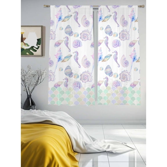 Ocean Seahorse Conch Shell Chiffon Sheer Curtains 63 Inches Long Underwater World Mermaid Scale Gradient Rod Pocket Window Curtains Voile Drapes Curtains for Living Room Bedroom,2 Panels