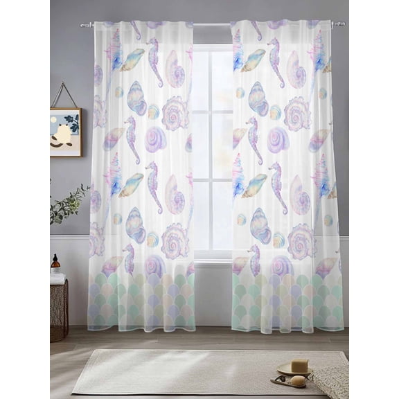 Ocean Seahorse Conch Shell Chiffon Sheer Curtains 84 Inches Long Underwater World Mermaid Scale Gradient Rod Pocket Window Curtains Voile Drapes Curtains for Living Room Bedroom,2 Panels