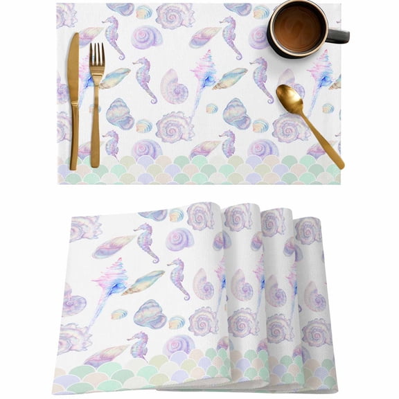 Ocean Seahorse Conch Shell Placemats Set of 4,Wipeable Washable Table Mats for Dining Tables,Underwater World Mermaid Scale Gradient Place Mats for Kitchen Event Party Tabletop Decor