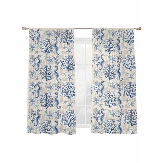 Ocean Seahorse Coral Sheer Curtains 63 Inch Long 2 Panels, Nautical Watercolor Blue Coral Starfish Linen Light Filtering Rod Pocket Curtains, Sheer Voile Drapes for Living Room Bedroom, 52"x63"