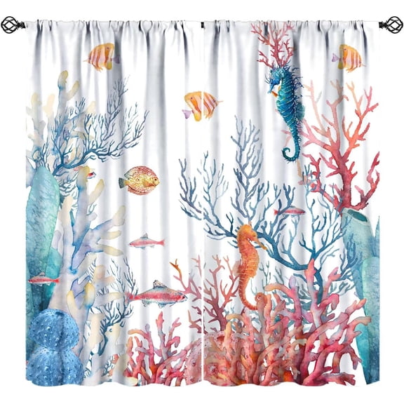 Ocean Seahorse Curtains, Nautical Coastal Sea Life Underwater Animal Coral Shell Window Treatments for Kids Bedroom Livingroom Bathroom, 63" W X 63" L