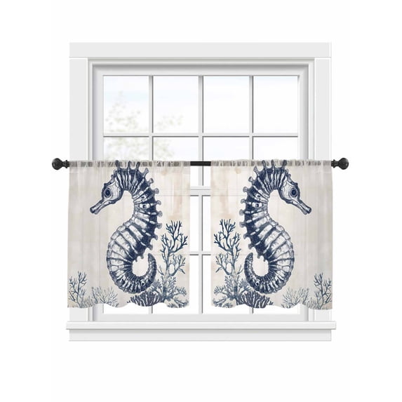Ocean Seahorse Sheer Curtains 54 Inch Long 2 Panels, Retro Coral Medieval Coastal Light Filtering Rod Pocket Curtains, Sheer Voile Drapes for Living Room Bedroom, 52"x54"