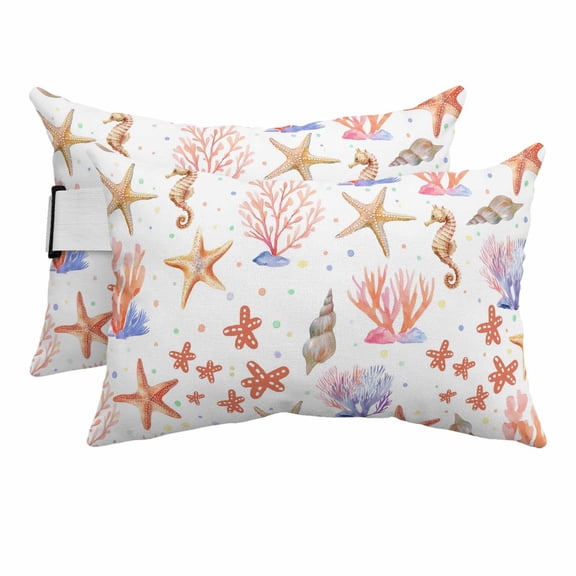 Ocean Seahorse Starfish Coral Outdoor Pillow for Chaise Lounge Chair,Head RestingPillow with Insert, Colorful Undersea Life Polka Dot Waterproof Lumbar Pillows for Patio,11"x16" 2 Pack