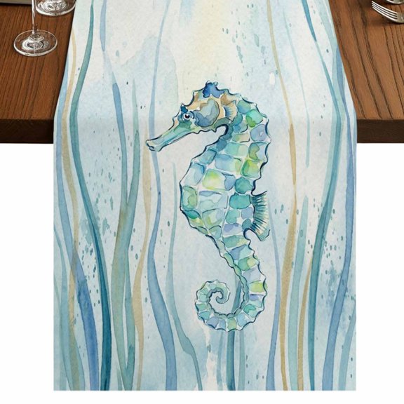 Ocean Seahorse Table Runner 36 Inches Long, Vintage Nautical Coastal Sea Watercolor Blue Green Seaweed Cotton Linen Dining Table Runner Dresser Scarves for Home Kitchen Party Decor 13"x36"