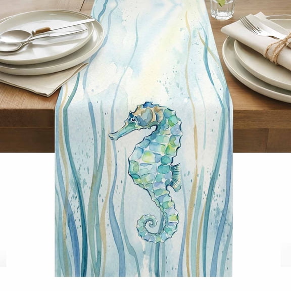 Ocean Seahorse Table Runner Vintage Nautical Coastal Sea Watercolor Blue Green Seaweed Table Runners Dresser Scarves Holiday Kitchen Dining Table Decoration for Home Party Indoor 13x48 Inch