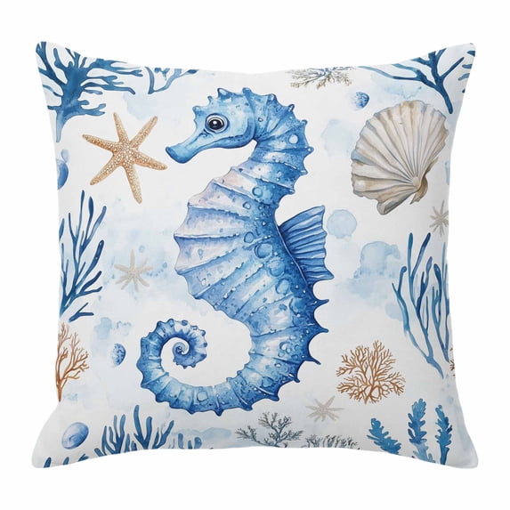 Ocean Seahorse Throw Pillow Cover Starfish Shell Seaweed Watercolor Cotton Linen Cushion Cover Throw Pillow Case with Invisible Zipper for Couch Sofa Bed Chair Car 18x18 Inch