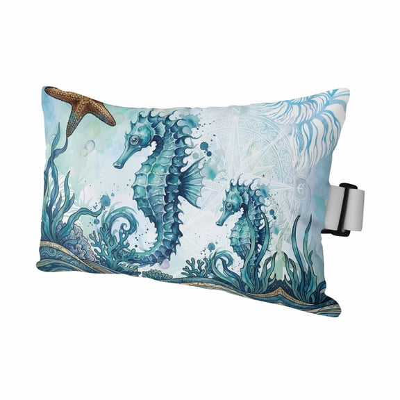 Ocean Seahorses Outdoor Pillows for Chaise Lounge Chair Waterproof Lumbar Pillows with Insert&Adjustable Strap Beach Headrest Pillow Coastal Animals Seaweed Strafish Compass Blue Pool Pillow 11"x16"