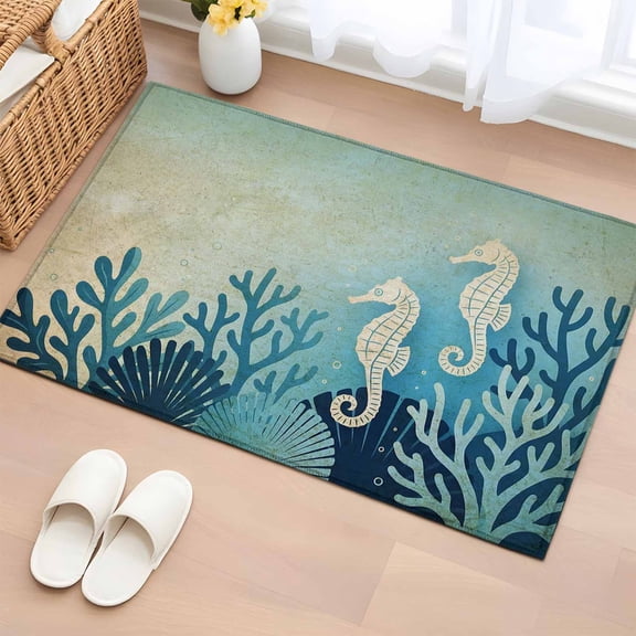 Ocean Seahouse Entryway Rug 2'x3' Summer Vintage Blue Coral Marine Life Small Area Rug Non-Slip Front Door Mat Washable Floor Carpet for Indoor Entrance Kitchen Bathroom