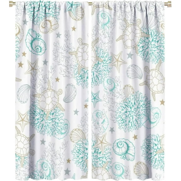 Ocean Seashell Blackout Windows Curtains, Ocean Sea Turtle Coral Shell Starfish Rod Pocket Curtains for Boy Home Decor, for Living Room Bedroom 21(W)*54(L) 2 Panels