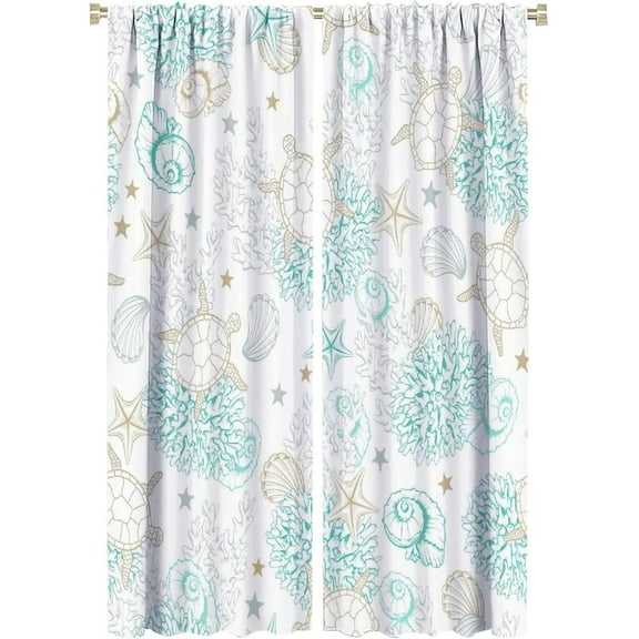 Ocean Seashell Blackout Windows Curtains, Ocean Sea Turtle Coral Shell Starfish Rod Pocket Curtains for Boy Home Decor, for Living Room Bedroom 26(W)*84(L) 2 Panels