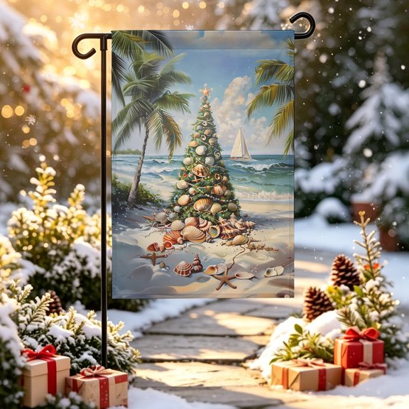 Ocean Seashell Garden Flag 12x18 inch Starfish Christmas Tree Beach Palm Tree Double Sided Small Decorative Garden Flags for Outside, Outdoor Yard Porch Lawn Decoration