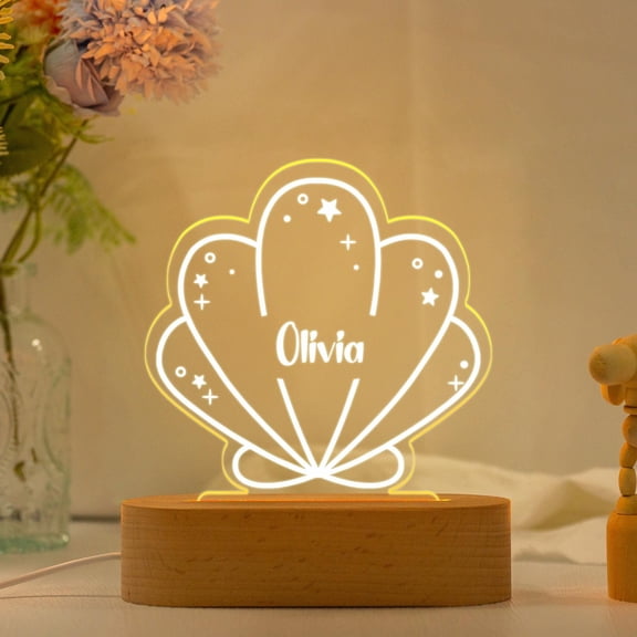 Ocean Seashell Mermaid Custom LED Lamp Acrylic Plate Wooden Base Under The Sea Nursery Decor Family Gift Table Light