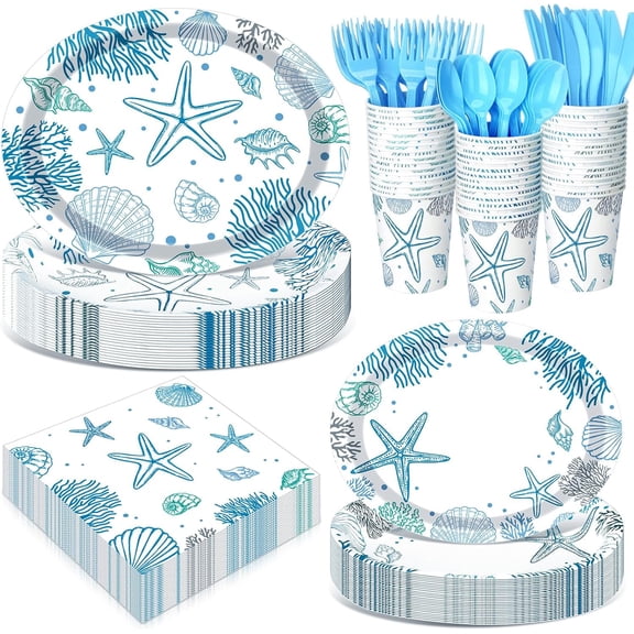 Ocean Seashell Party Tableware Set for 50 Guests Includes 10 x 12 Inch and 9 Inch Plates 9 Oz Cups 6.5 Inch Napkins and Flatware