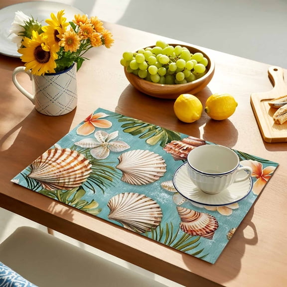 Ocean Seashell Placemats Set of 1, Nautical Coastal Watercolor Sea Shell Seaweed Flower Non-Slip Place Mats Washable Table Mats for Kitchen Dining Table Decorations Indoor/Outdoor