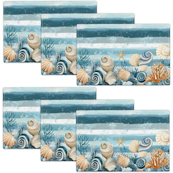 Ocean Seashell Placemats Set of 6, Beach Starfish Place Mats, Coastal Marine Life Waterproof Washable Table Mats for Home Party Indoor Kitchen Dining Table Decoration 12x18 Inch
