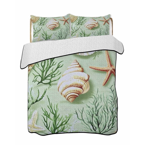Ocean Seashell Quilts Bedding Set California King Nautical Vintage Sea Shell Starfish Seaweed Coral Lightweight Quilted Bedspread 3 Piece Bed Quilt with 2 Pillow Shams for Bedroom 96" x 106"