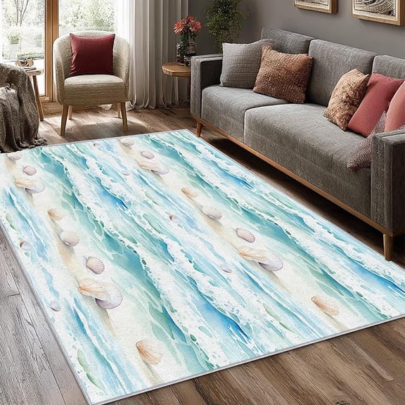 Ocean Seashell Rug for Bedroom, Beach Coastal Patterned Living Room Area Rug, Ocean Seashell Room Decor, Washable Soft Thin Carpet with Non Slip Backing 5 x 8ft