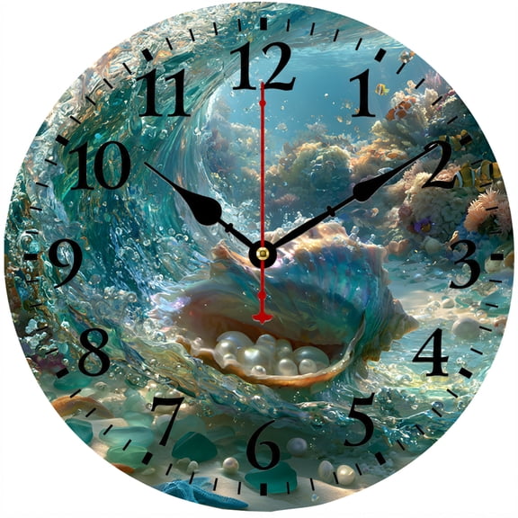 Ocean Seashell Wall Clock, 9.84 Inch Coastal Coral Reef Analog Clock, Battery Operated Nautical Decor for Bathroom, Bedroom and Living Room