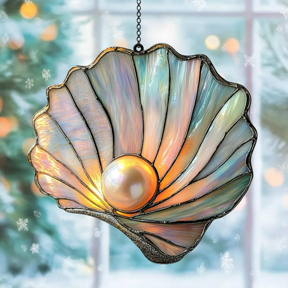 Ocean Seashell with Pearl Faux Wavy Acrylic Suncatcher – Wavy Acrylic Hanging Ocean Decor, Nautical Gift for Beach and Coastal Cottage Style