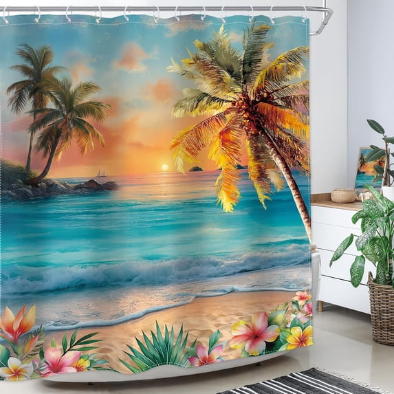 Ocean Seaside Shower Curtain Tropical Palm Tree Decor Hawaii Botanical ...