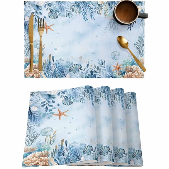 Ocean Seaweed Leaves Shell Placemats Set of 4,Wipeable Washable Table Mats for Dining Tables,Blue Underwater World Place Mats for Kitchen Event Party Tabletop Decor