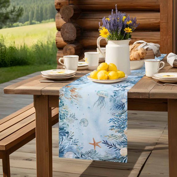 Ocean Seaweed Leaves Shell Table Runner 60 Inch Long Blue Underwater World Table Runners Linen Burlap Tablerunner for Kitchen Dining Room Holiday Party
