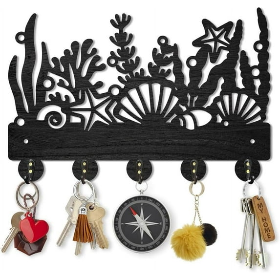 Ocean Seaweed Shell Coat Rack Wall Mount Sea Coral Starfish Wood Key Holder for Wall 11.8×7.9inch Decorative Key Hooks with 5 Alloy Hooks for Gift Entryway Front Door Hallway Kitchen