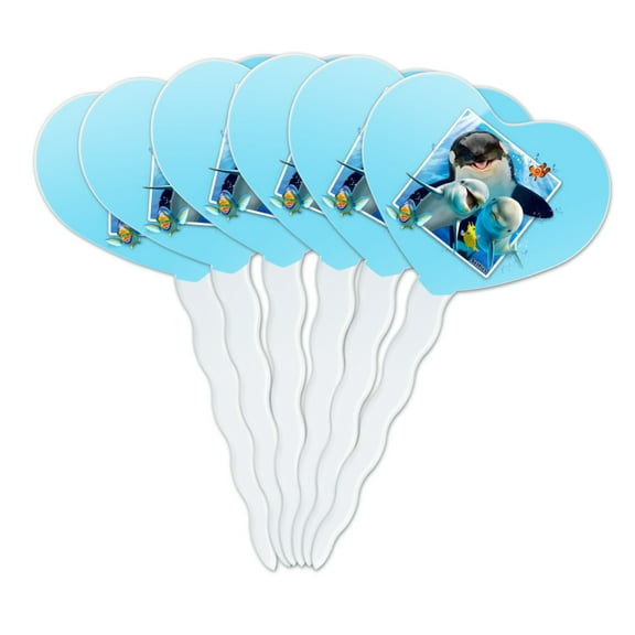 Ocean Selfie Picture Orca Killer Whale Dolphins Heart Love Cupcake Picks Toppers Decoration Set of 6
