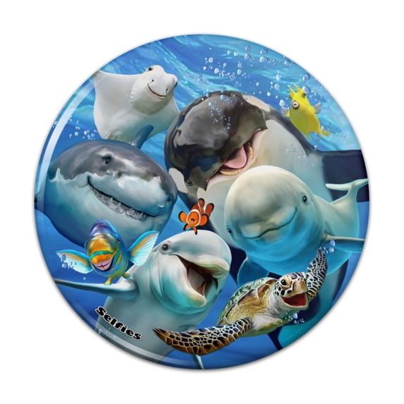 Ocean Selfie Shark Dolphin Sea Turtle Stingray Clown Fish Kitchen Refrigerator Locker Button Magnet