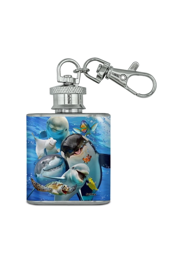 Ocean Selfie Shark Dolphin Sea Turtle Stingray Clown Fish Stainless Steel 1oz Mini Flask Key Chain