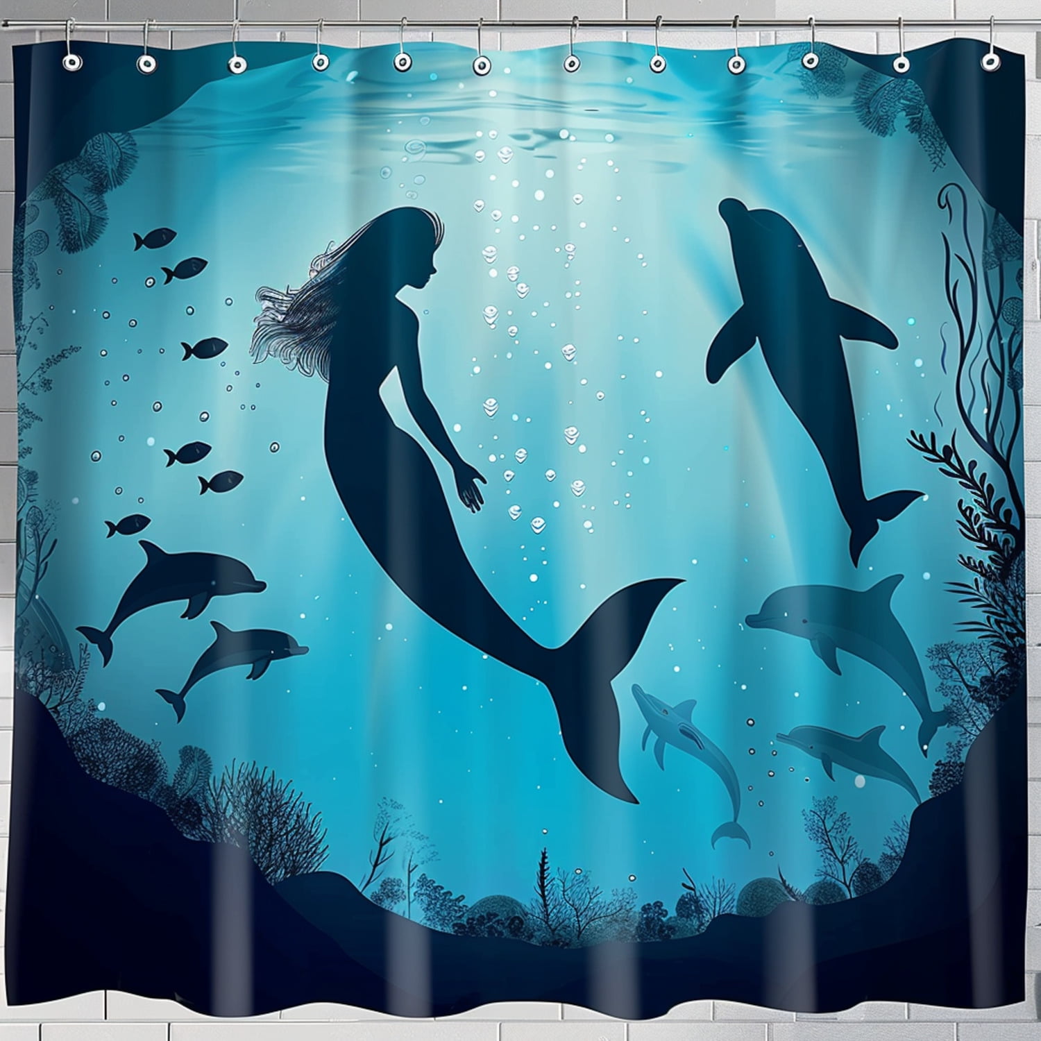 Ocean Serenity Shower Curtain Dolphin Silhouette Underwater Scene Blue and Black Bathroom Decor