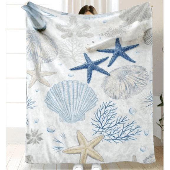 Ocean Serenity Throw Blanket with Starfish and Coral Design | Soft, Cozy Polyester Flannel Cover for Home, Sofa, Camping, and Indoor Decor, 280gsm