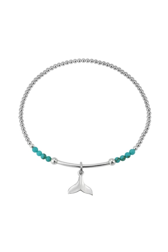 Ocean Serenity Whale Tail Green Turquoise Charm Sterling Silver Beaded Bracelet