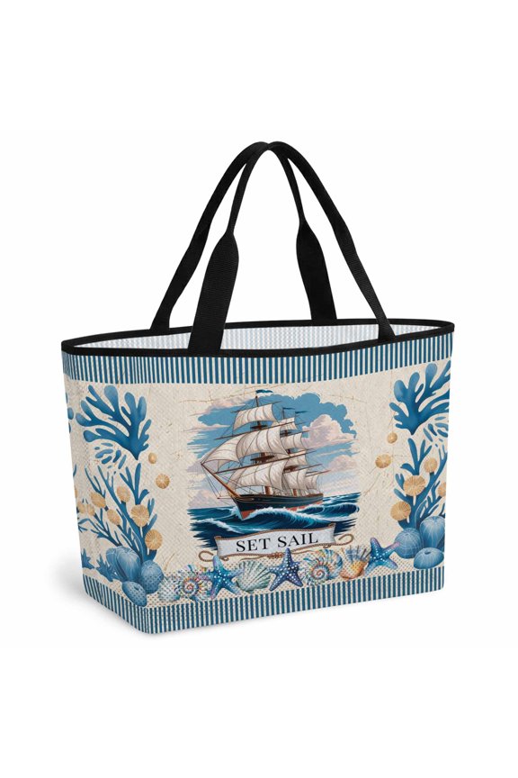 Ocean Set Sail Beach Bag for Women, Large Breathable Mesh Beach Tote Bag, Sailboat Sea Waves Blue Coral Starfish Beige Sandproof Lightweight Travel Bags for Vacation Picnic Swimming Pool
