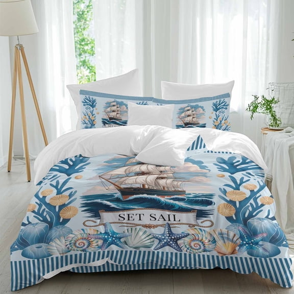 Ocean Set Sail Full Size Comforter Set, Nautical Blue Sea Sailing Ship Shellfish Coral Striped Bedding for All Seasons, 4 Pcs Bed Set, 1Quiltcover (86"x86") ,1Sheet(80"x116"), 2Pillowcases (30"x20")