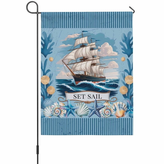 Ocean Set Sail Garden Flag 12 x 18 Inches, Nautical Blue Sea Sailing Ship Shellfish Coral Stripes Weather Proof Outdoor Patio Flags Double Sided Small Garden Decoration for Yard Outside Home