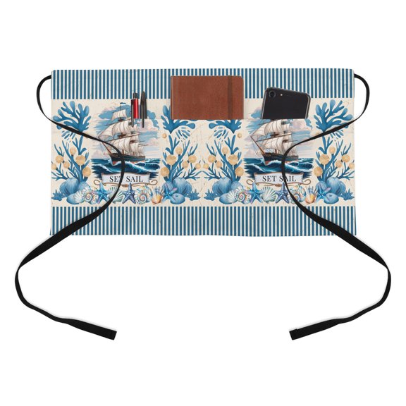 Ocean Set Sail Kitchen Restaurant Half Waist Apron, Nautical Yellow Sea Sailing Ship Shellfish Coral Stripes Server Short Apron with 3 Pockets Waterproof Oil Waist Aprons for Women Waitress Waiter