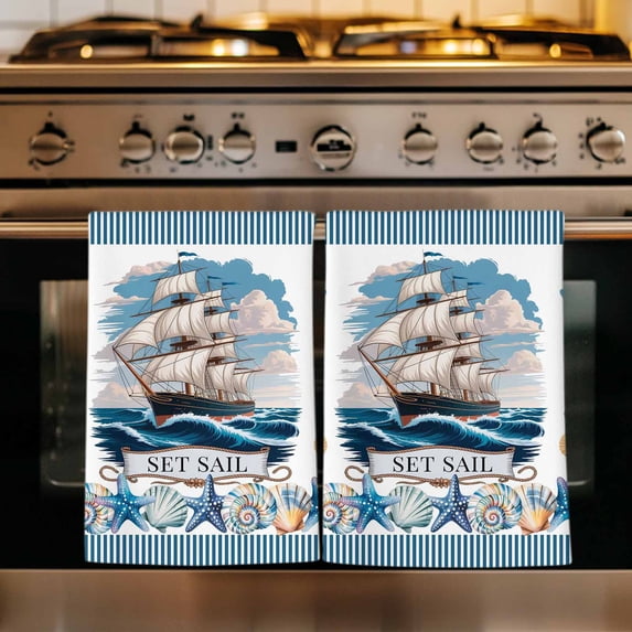 Ocean Set Sail Kitchen Towels Set of 1, Sailboat Sea Waves Blue Coral Coastal Starfish Absorbent Dish Towels for Kitchen, Microfiber Hand Towel, Quick Drying Tea Towel for Cleaning Dishcloths