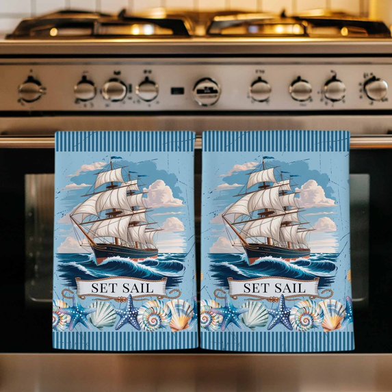 Ocean Set Sail Kitchen Towels Set of 4, Nautical Blue Sailboat Waves Coral Starfish Absorbent Dish Towels for Kitchen, Microfiber Hand Towel, Quick Drying Tea Towel for Cleaning Decorative Dishcloths