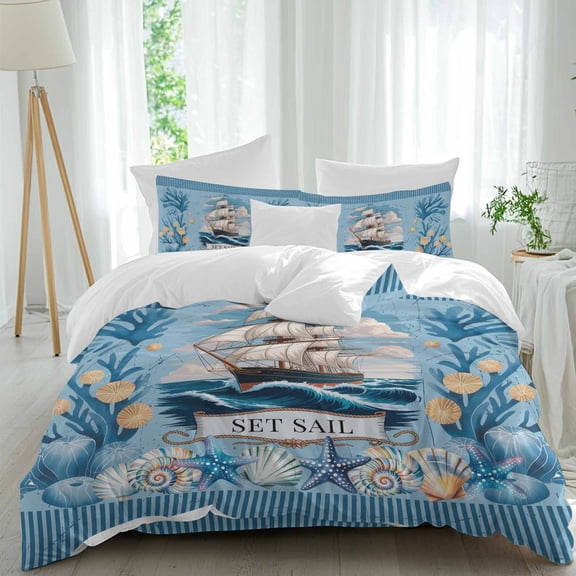 Ocean Set Sail Queen Size Comforter Set, Nautical Blue Sailing Ship Shellfish Coral Stripes Bedding for All Seasons, 4 Pcs Bed Set, 1Quiltcover (90"x92") ,1Sheet(94"x116"), 2Pillowcases (30"x20")