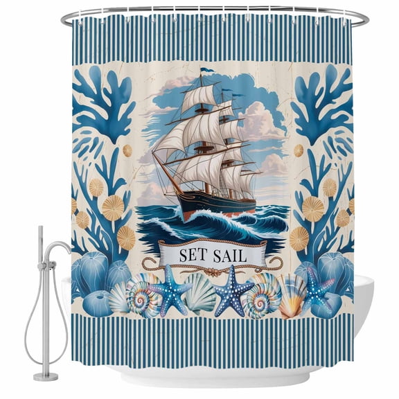 Ocean Set Sail Shower Curtain for Bathroom, Nautical Yellow Sea Sailing Ship Shellfish Coral Stripes Waterproof Cloth Fabric Bathroom Accessories Set with 12 Rust Proof Plastic Hooks, 72"x96"