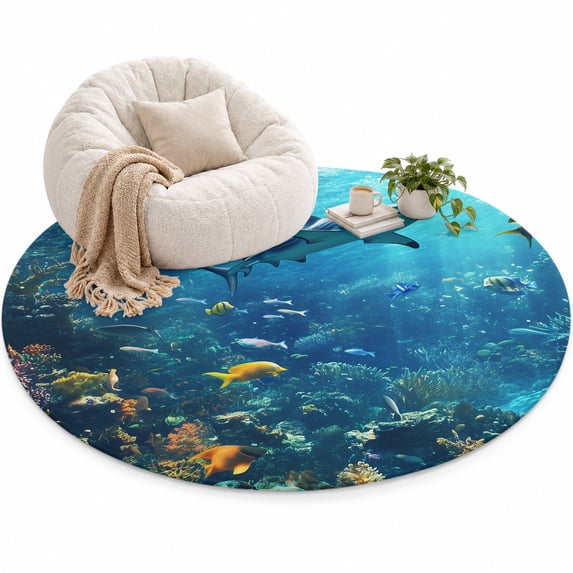 Ocean Shark Area Rug 6', Underwater World Coral Fish Soft Mat Non-Slip ...